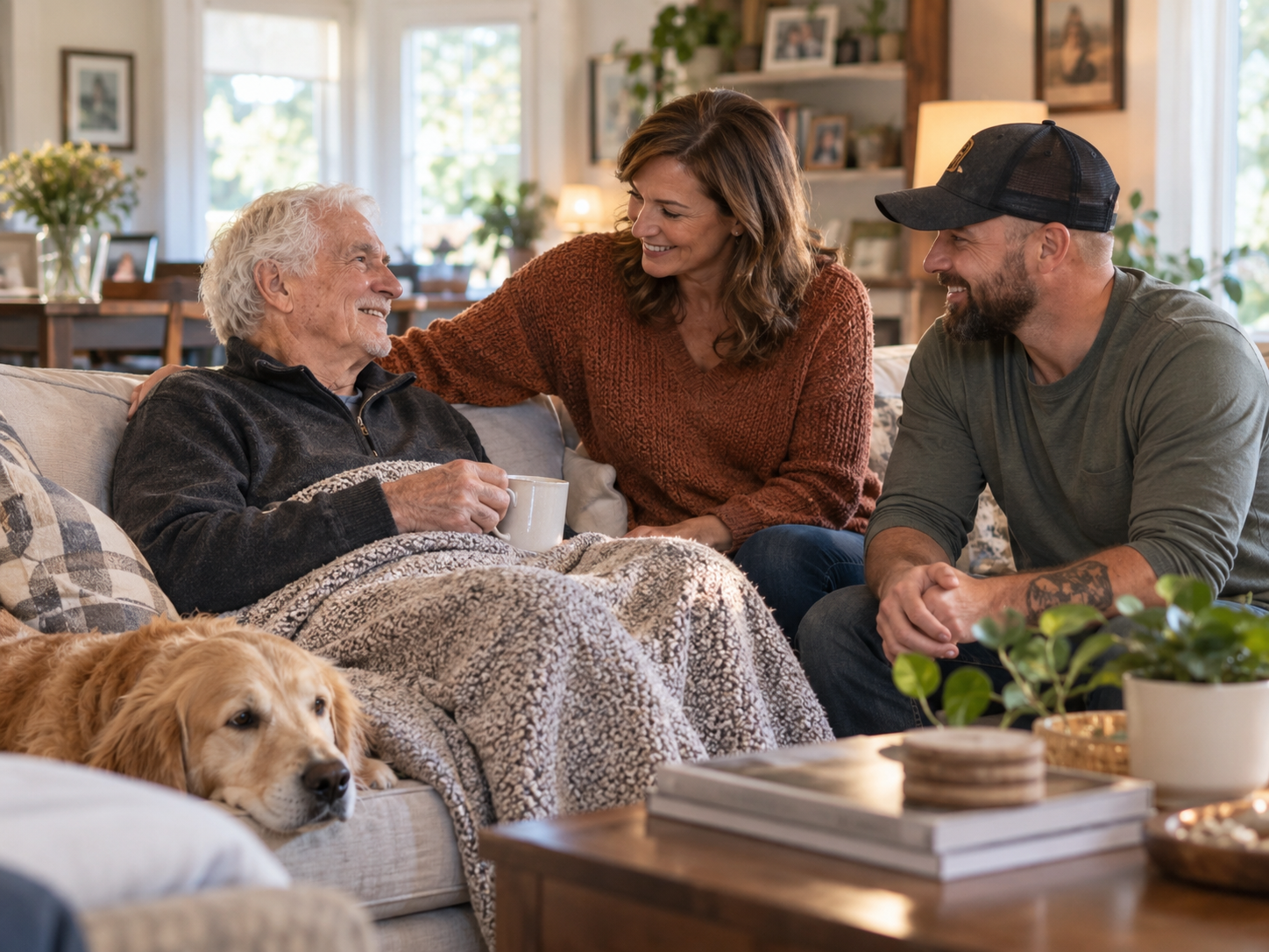 Senior receiving support at home while sitting with family members in a warm living room