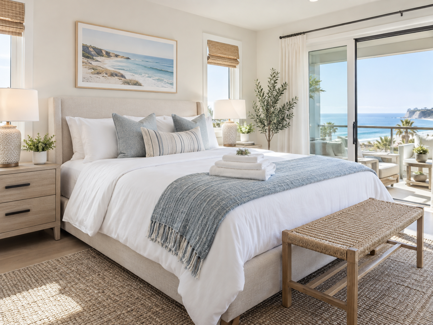 Guest-ready vacation rental bedroom with fresh linens and folded towels